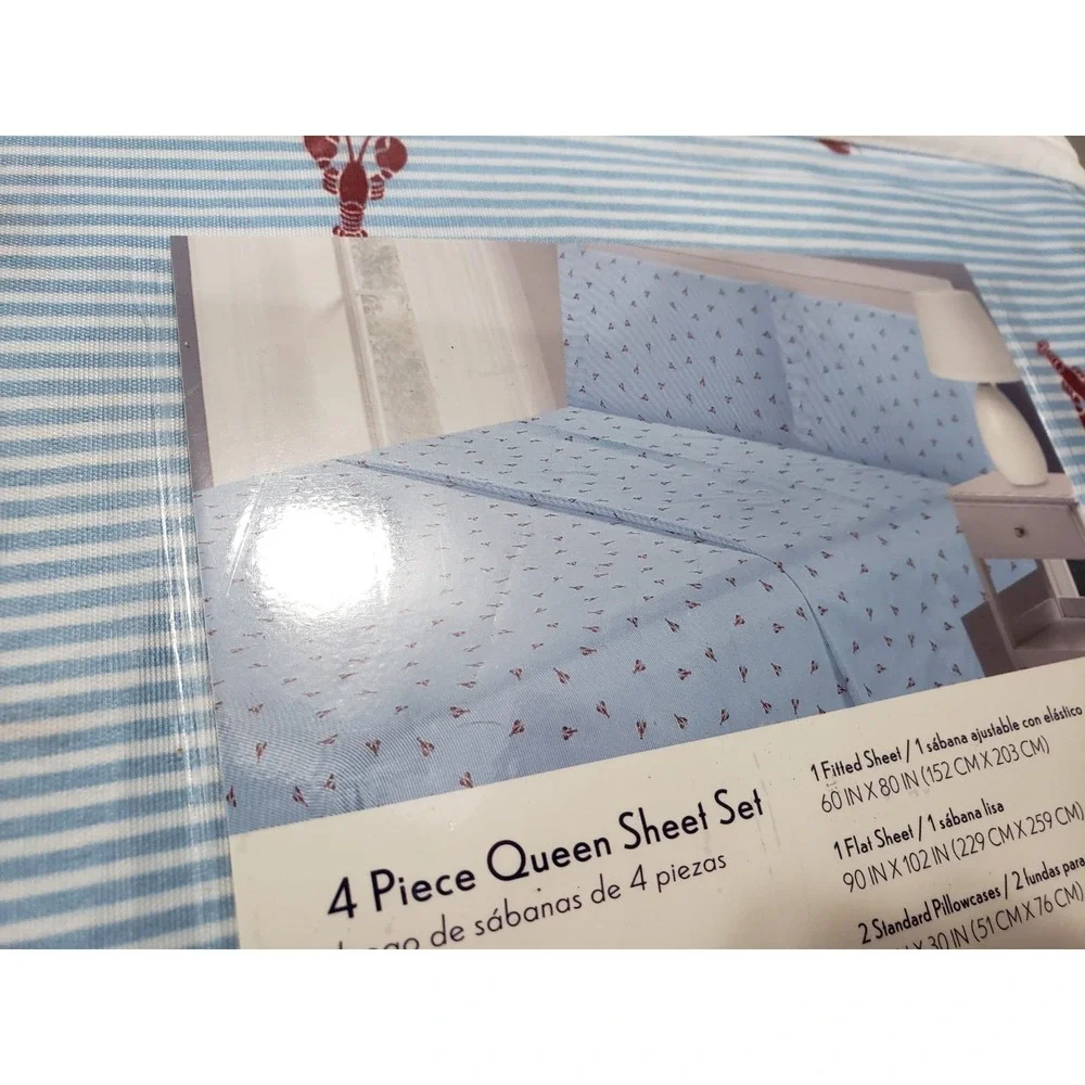 NEW 4 PC QUEEN SIZE sheet set lobster print nautical beach blue chambray stripes